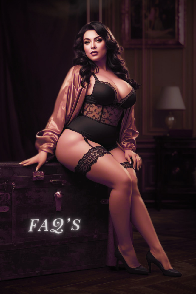 A woman poses in black lace lingerie and a sheer champagne robe while sitting on a dark trunk in a dimly lit room. The text 'FA2'S' appears on the front of the trunk.