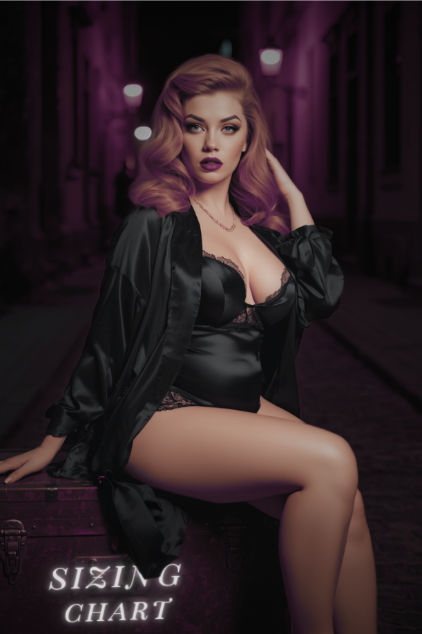 A woman in a black satin robe and bodysuit sits on a trunk in a dimly lit alleyway, with the text 'SIZING CHART' overlaid near the bottom. The image appears to function as a sizing/informational graphic rather than a clean product listing photo.