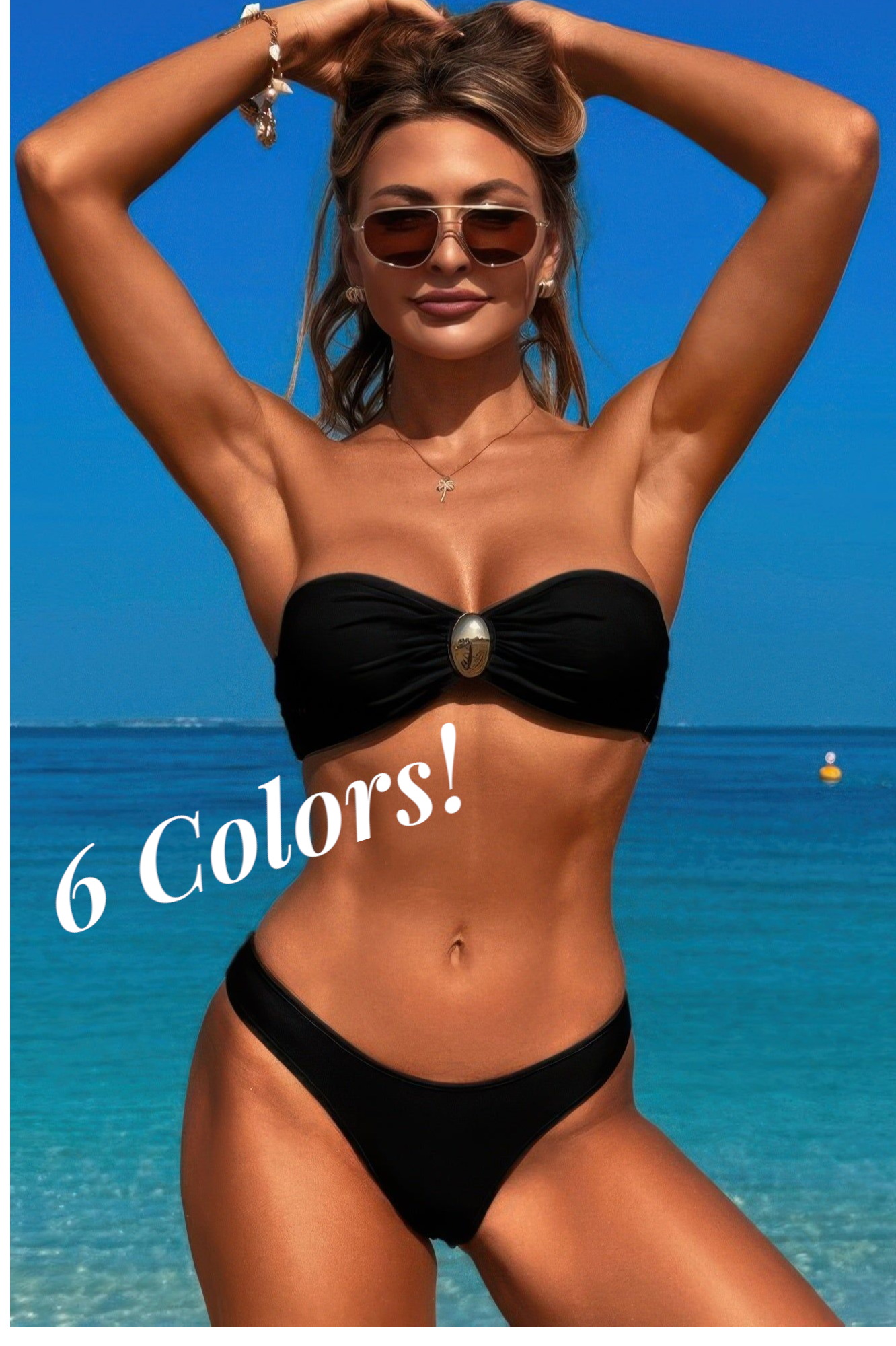 Solid Color Metal Decor Strapless Bikini Swimsuit